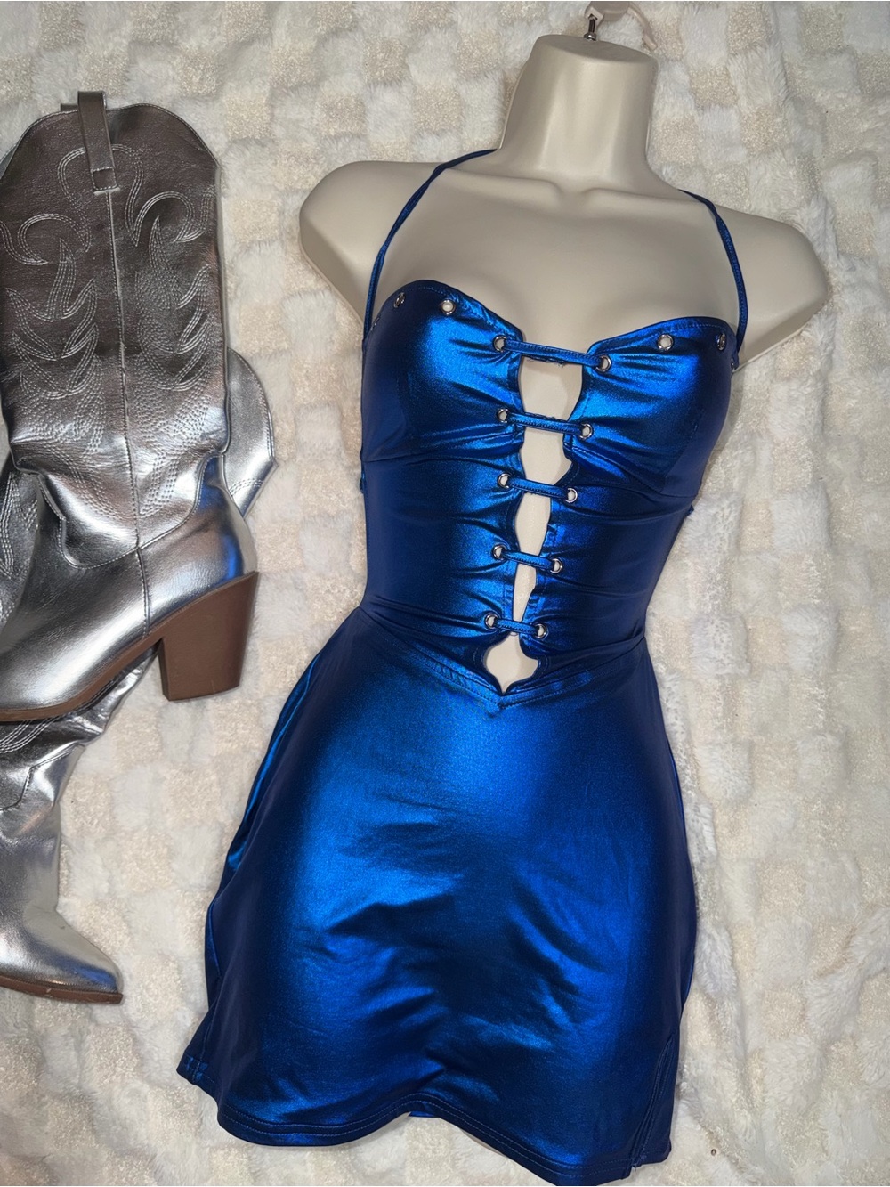 Electric Blue Metallic Lace-Up Mini Dress